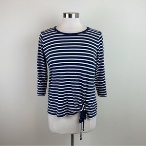Michael Kors Navy Blue White Stripe Gold Accent Long Sleeve Top Women Large